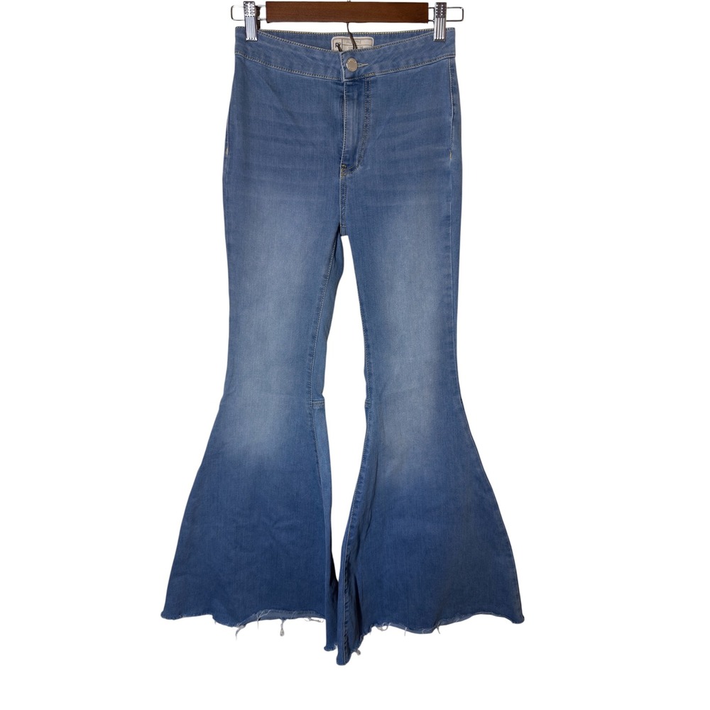 Free People Blue Float on Flare Jeans 24 Womens High Rise Bell Bottom Raw‎ Hem